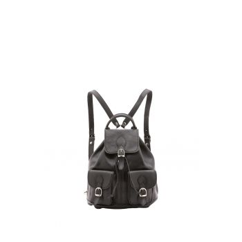 Rucsac de piele cu buzunare cu clapa - Negru