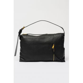 Geanta de piele cu bareta de umar si doua buzunare exterioare Alba - Negru