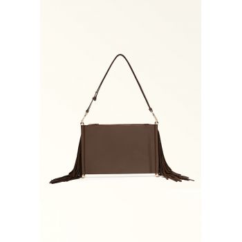 Geanta de piele cu bareta de umar si franjuri - Maro inchis