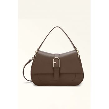 Geanta de piele cu bareta de umar si logo metalic Flow - Maro fango
