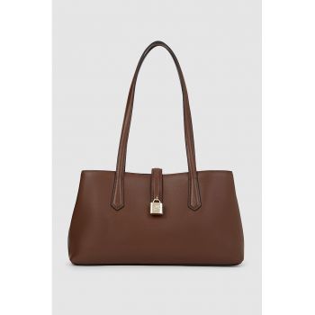 Geanta de piele cu detaliu lacat si bareta - Maro inchis