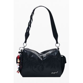 Geanta de piele ecologica cu bareta de umar si accesorii detasabile - Negru