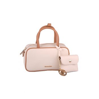 Geanta de piele ecologica cu maner si breloc - Caramel/Roz pal