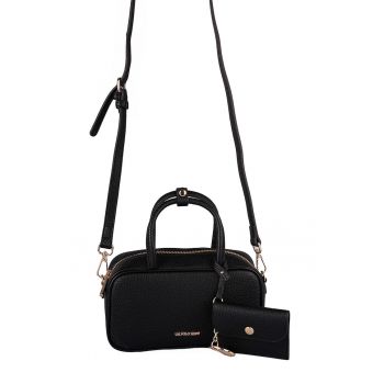 Geanta de piele ecologica cu maner si breloc - Negru