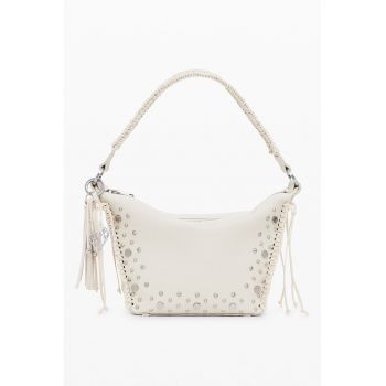 Geanta de piele ecologica in forma de trapezoid cu bareta de umar si tinte - Alb murdar