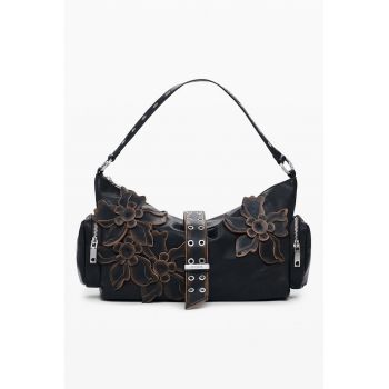 Geanta de umar cu aplicatii florale - Negru/Maro