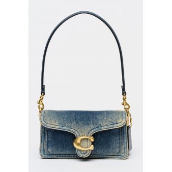 Geanta din denim cu bareta de umar si bretele din piele - Albastru melange