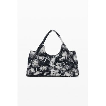 Geanta din material textil cu maner si catarama - Alb fildes/Negru antracit