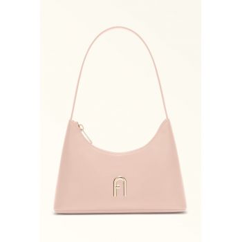 Geanta din piele cu bareta de umar si aplicatie logo metalica - Roz pal