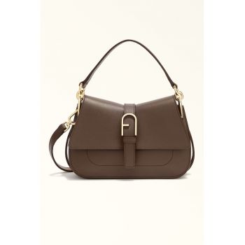 Geanta din piele cu bareta detasabila si maner Flow - Maro inchis