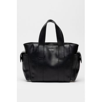 Geanta din piele ecologica cu bareta de umar detasabila cu logo si model jacquard - Negru