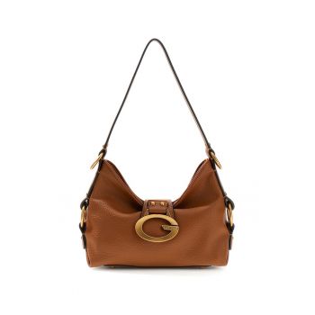 Geanta din piele ecologica cu bareta de umar si monograma metalica Camden - Maro cognac