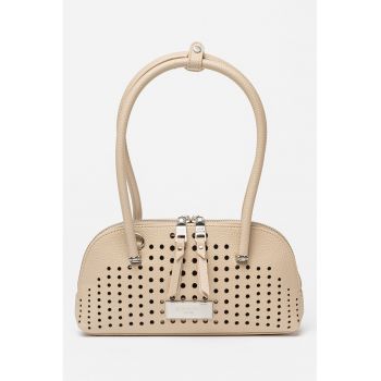 Geanta din piele ecologica cu bareta de umar si perforatii - Maro nisip