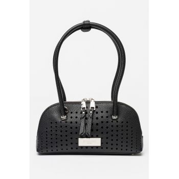 Geanta din piele ecologica cu bareta de umar si perforatii - Negru