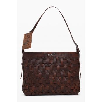 Geanta din piele ecologica cu maneri si aspect tesut - Maro