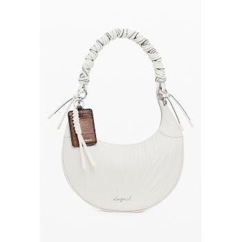 Geanta din piele ecologica texturata in forma de semiluna cu bareta de umar - Alb