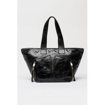 Geanta shopper de piele cu doua buzunare exterioare cu fermoar Jean Rey - Negru antracit