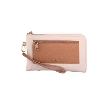 Portofel cu bareta pentru incheietura si aspect granulat - Maro deschis/Roz pal