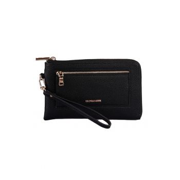 Portofel cu bareta pentru incheietura si aspect granulat - Negru