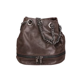 Geanta bucket de piele cu bareta de lant - Maro inchis
