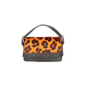 Geanta crossbody din piele cu segment din piele cu par scurt - Negru - Portocaliu