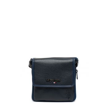 Geanta crossbody mica de piele ecologica - cu logo stantat - Albastru inchis/Argintiu inchis/Bleumarin