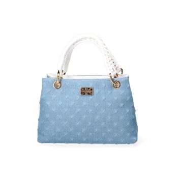 Geanta cu bareta de umar si detalii in relief - Alb/Albastru