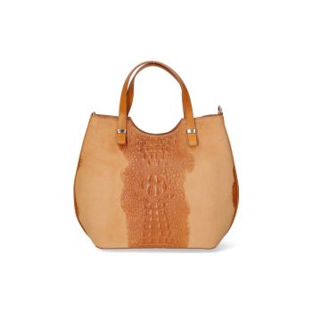 Geanta cu bareta si aspect piele de reptila - Caramel