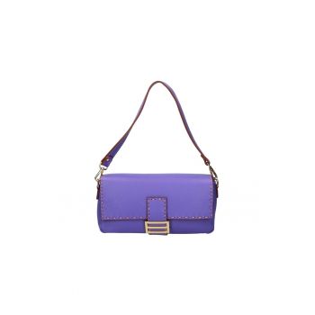 Geanta de piele cu bareta de umar si cusaturi contrastante - Violet prafuit