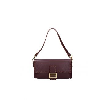 Geanta de piele cu bareta de umar si cusaturi contrastante