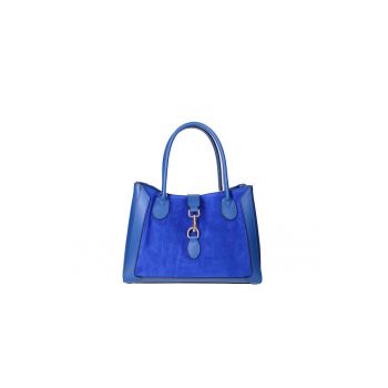 Geanta de piele cu insertii de piele intoarsa - Albastru royal