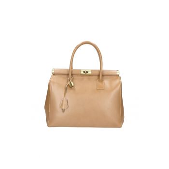 Geanta de piele cu maner si bareta detasabila - Maro taupe