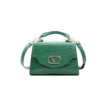 Geanta de piele ecologica cu maner si aspect de piele de crocodil - Verde