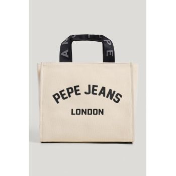 Geanta din bumbac cu bareta de umar detasabila - Negru/Crem