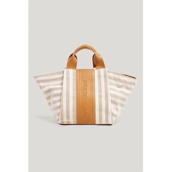 Geanta din material textil cu bareta de umar si logo din piele ecologica - Bej