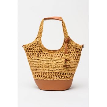 Geanta din paie de hartie cu aspect tesut - bareta de umar si garnituri din piele ecologica - Maro/Portocaliu pal