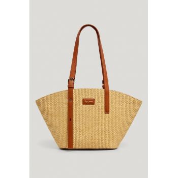 Geanta din paie de hartie cu bareta de umar si garnituri din piele ecologica - Galben pai/Caramel
