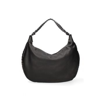 Geanta din piele cu bareta de umar si aplicatii cu tinte - Negru/Gri