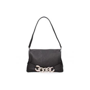 Geanta din piele cu bareta de umar si detaliu din lant - Negru/Argintiu