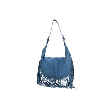 Geanta din piele cu bareta de umar si franjuri - Albastru