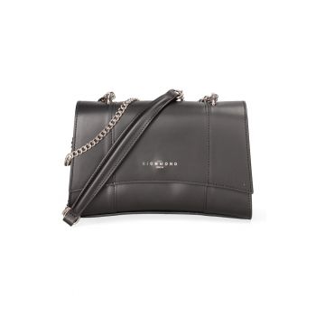 Geanta din piele cu bareta de umar si logo - Negru/Argintiu