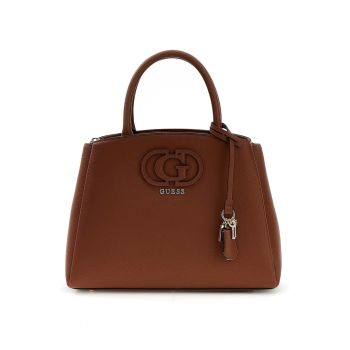 Geanta din piele ecologica cu maner si logo metalic - Maro inchis