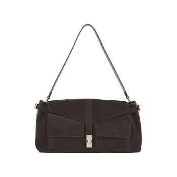 Geanta din piele intoarsa cu bareta de umar - Maro inchis