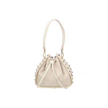 Geanta din piele intoarsa cu bareta de umar si tinte metalice - Bej