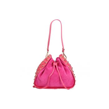 Geanta din piele intoarsa cu bareta de umar si tinte metalice - Fucsia