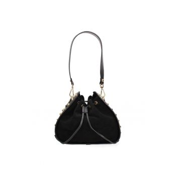 Geanta din piele intoarsa cu bareta de umar si tinte metalice - Negru