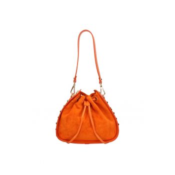 Geanta din piele intoarsa cu bareta de umar si tinte metalice - Portocaliu