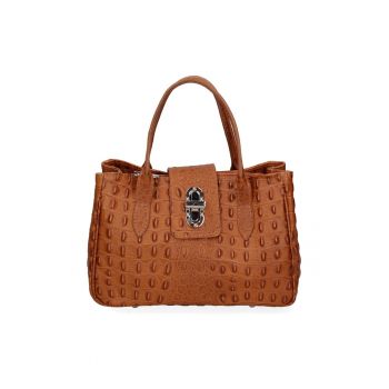 Geanta din piele texturata cu bareta de umar - Maro