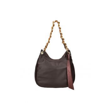 Geanta hobo de piele cu bareta din lant - Maro inchis/Coniac
