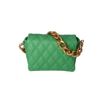 Geanta matlasata de piele cu bareta lant - Verde inchis